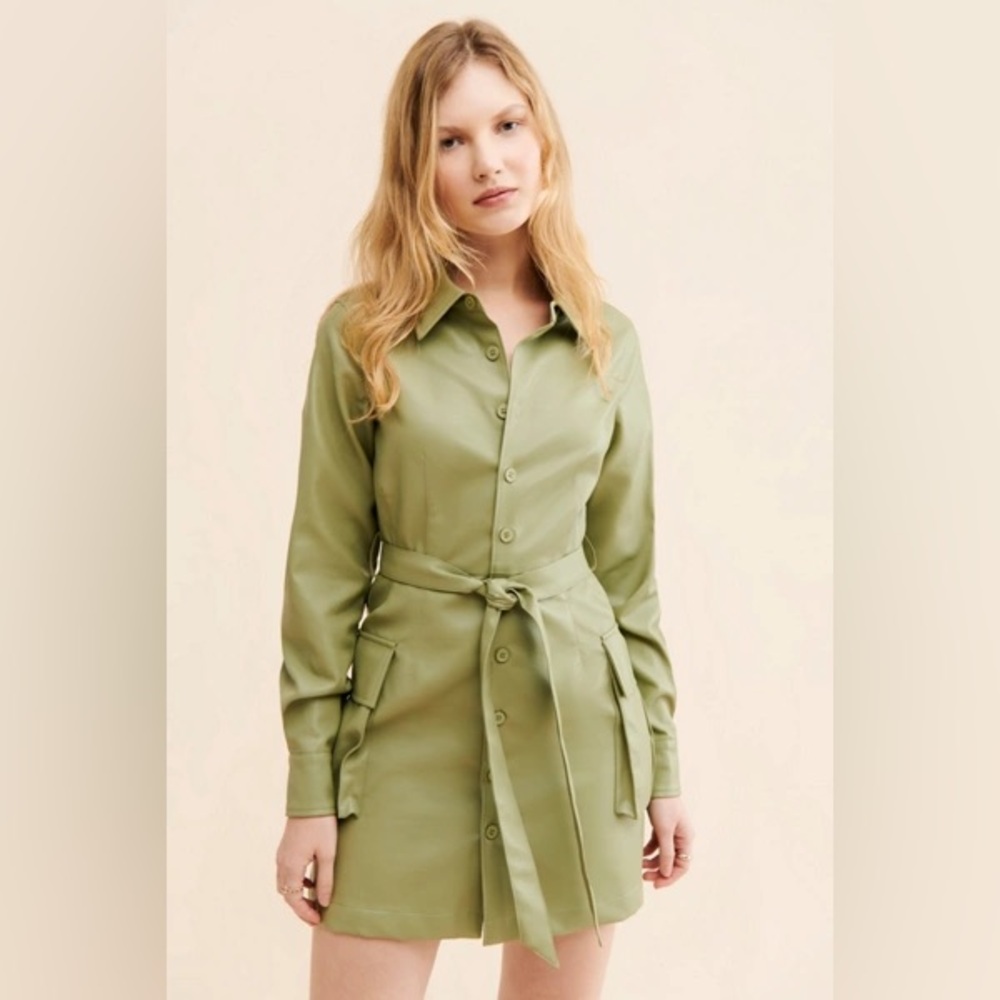 ZGY DENIM Vegan Leather Mini‎ Shirt Dress Sage Green Size XL Party Chic Belted